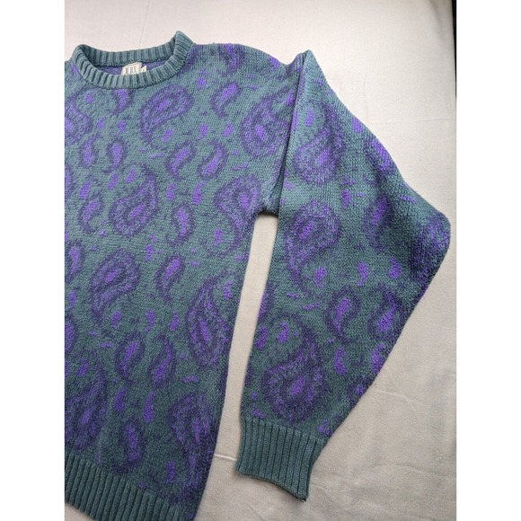 Vintage 90s Men's Large Sweater Paisley Print Retro Geek Chic Teal Purple - Picture 4 of 16